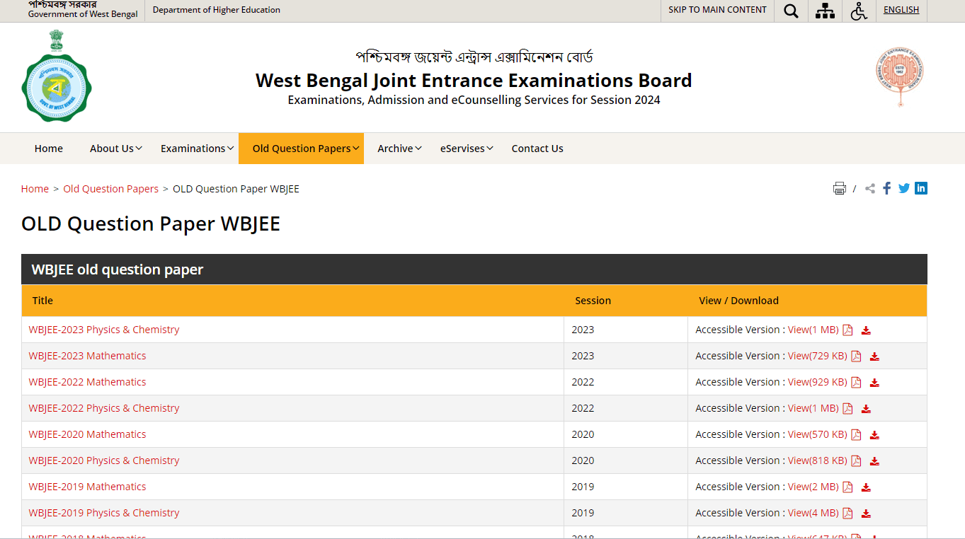 WBJEE 2024 Practice Set Old Question Papers Download Link
