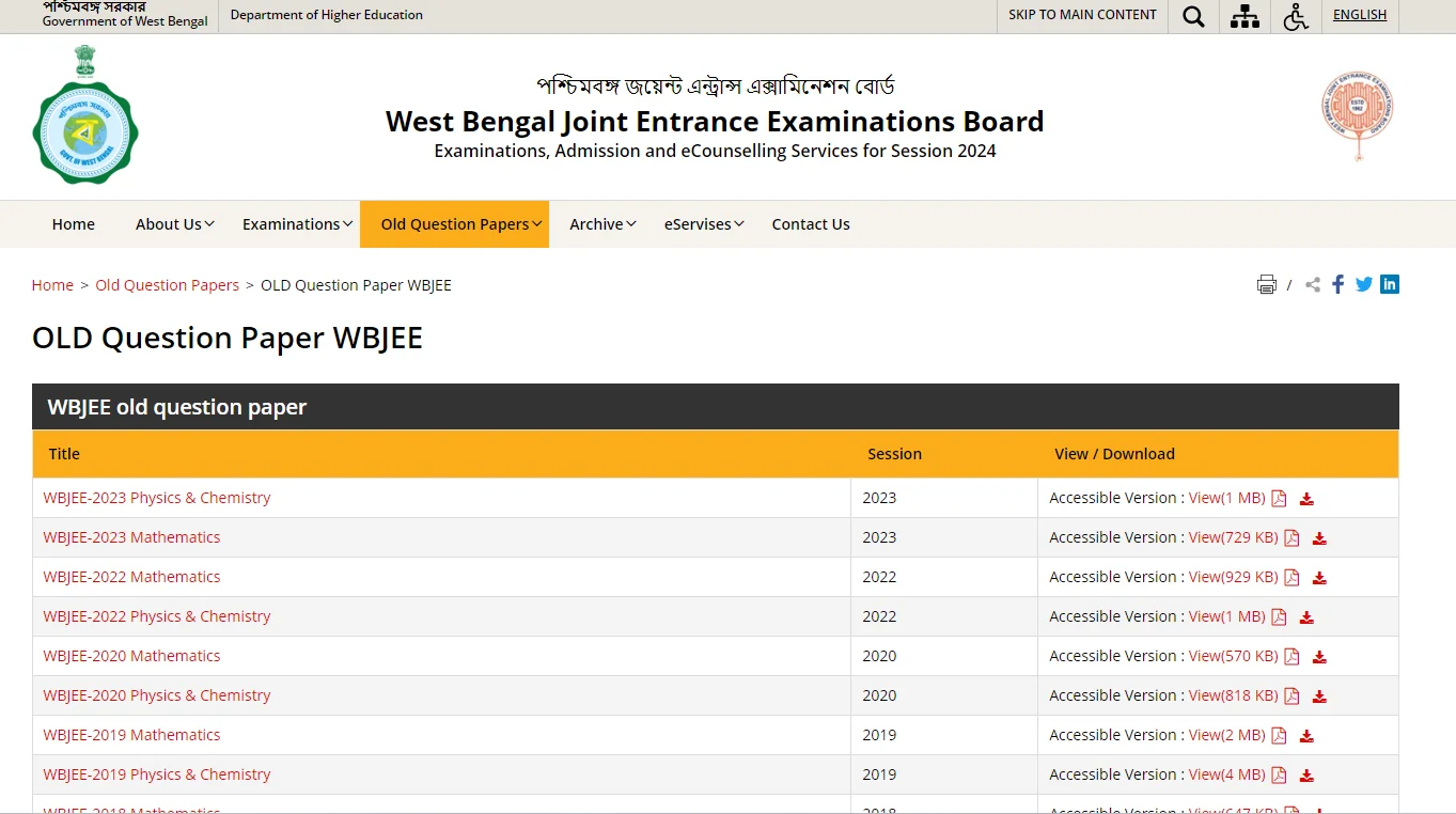 WBJEE 2024 Practice Set | Old Question Papers –Download Link